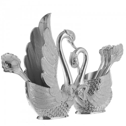 Set 12 linguri argintii cu suport doua lebede