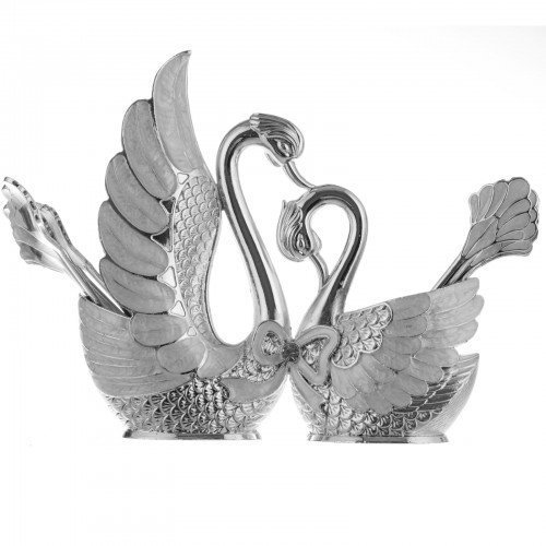 Set 12 linguri argintii cu suport doua lebede