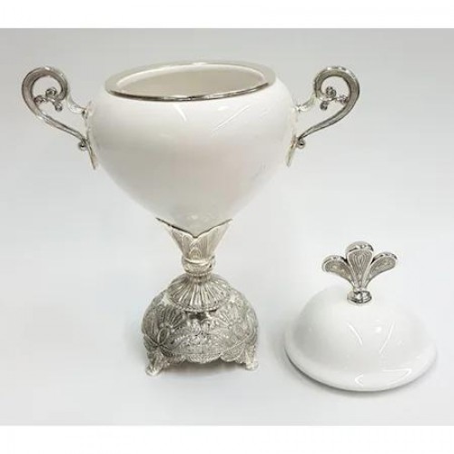 Bomboniera din ceramica cu picior argintiu